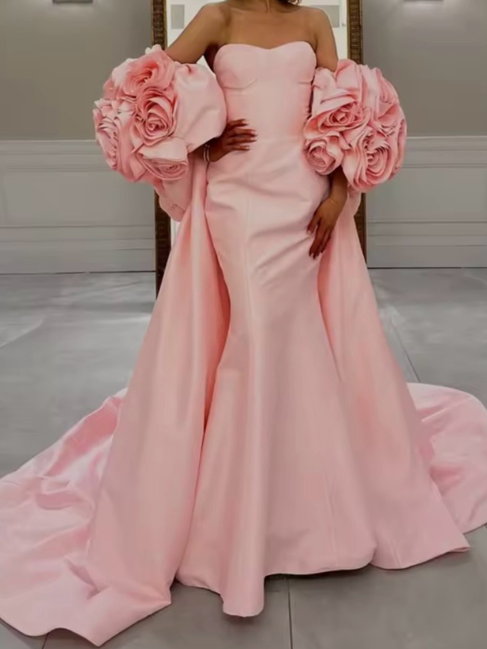 Strapless Pink Floral-Sleeve Evening Gown